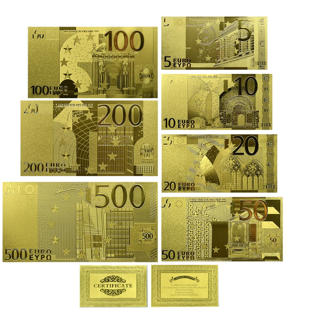 

Euro Gold Foil Banknotes 5-500 Euro Plastic Money with Certificate Uncurrent Fnas Collection Gift