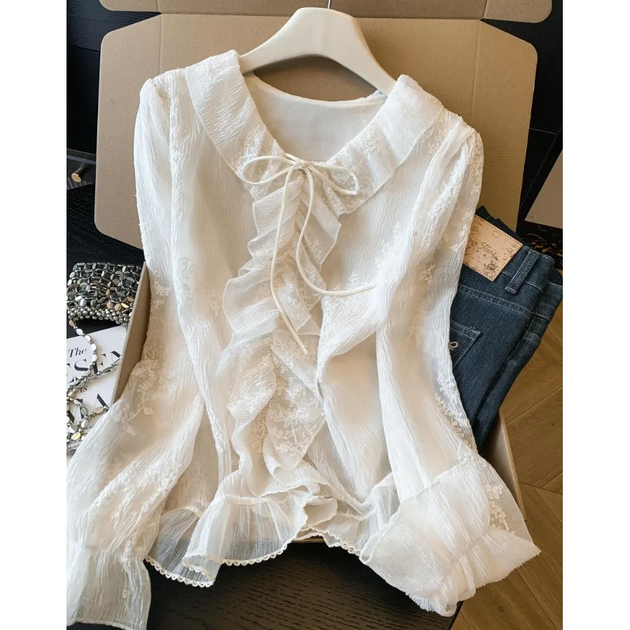 

Elegant V-Neck Chiffon Top Women's Fashionable Summer Shirt Light Luxury Style Loose Fit Long Sleeve Breathable Gown