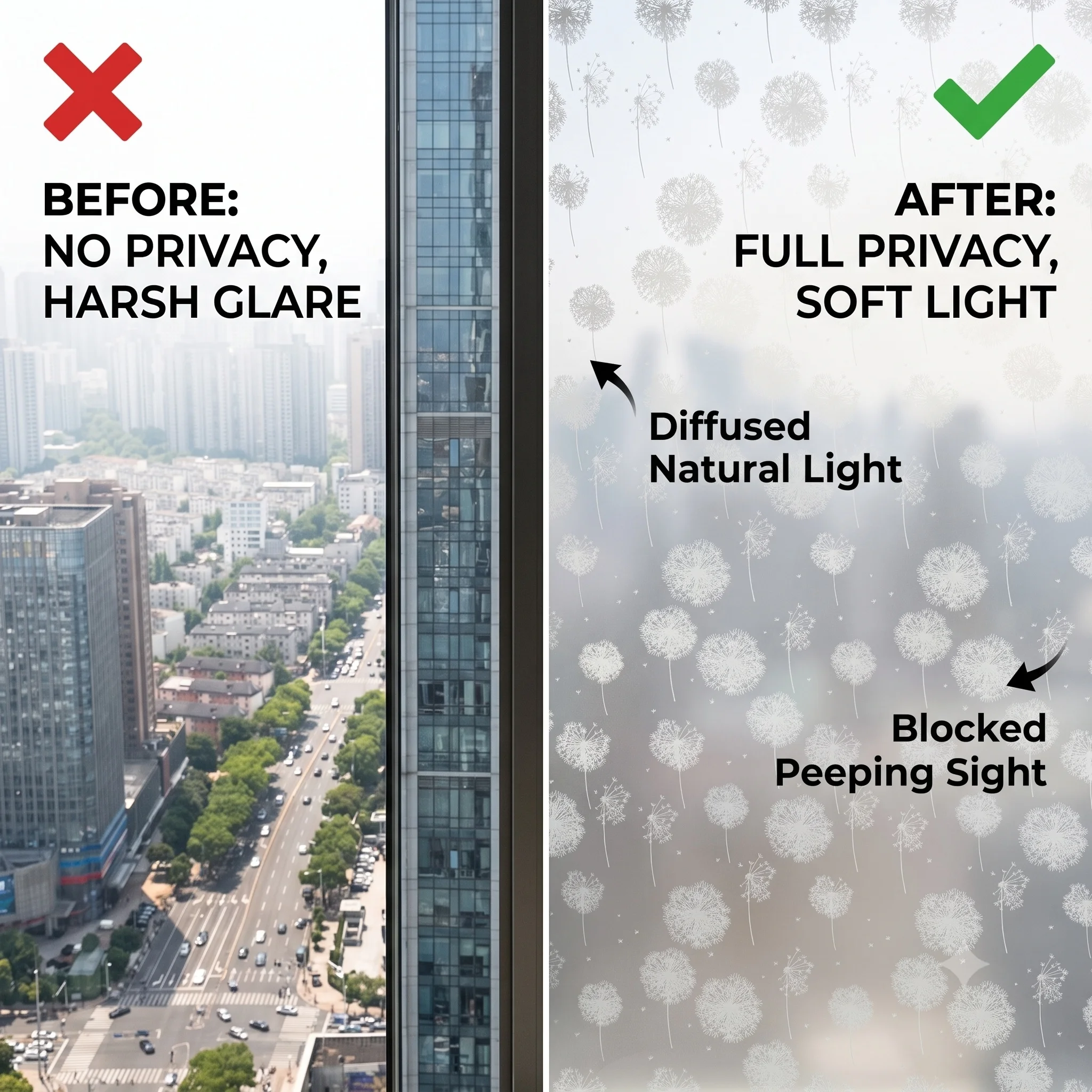Self‑Adhesive Frosted Dandelion Window Film Decorative Privacy Glass Coverin