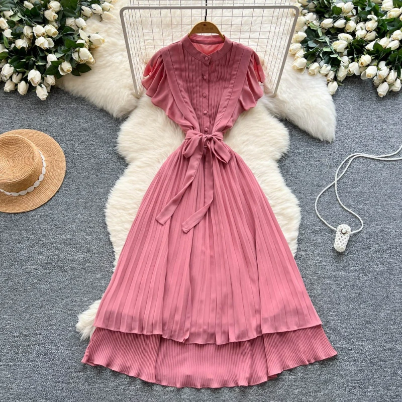 

Women Pleated Dress Button Round Neck Long Dresses Tight Waist Bandage Short Sleeve Vestidos Casual Elegant Solid A Line