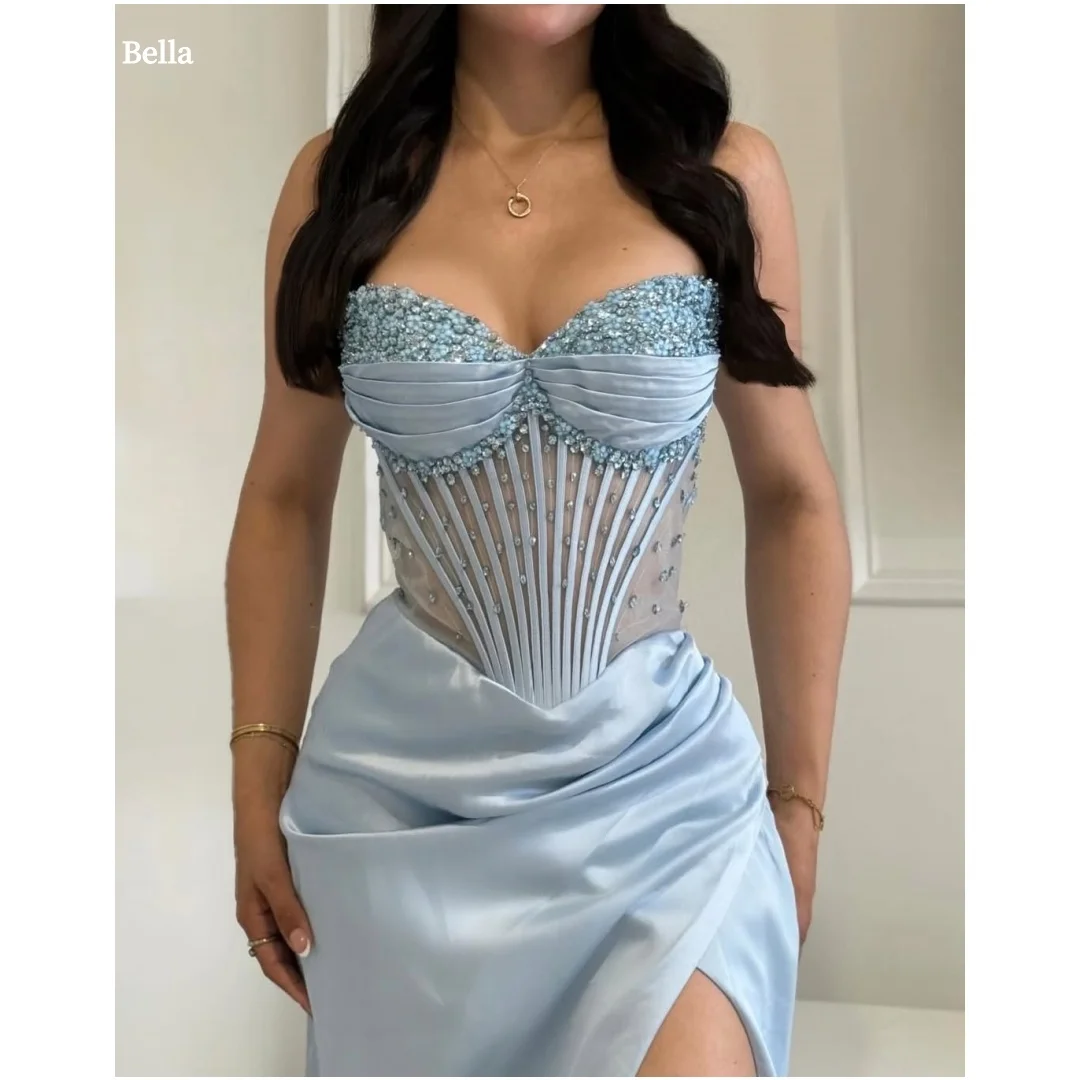 

Bella Customized BLue Glitter Strapless robes de soirée Side Slit Backless Party Dresses Sleeveless Floor-Length Prom Dress 2025