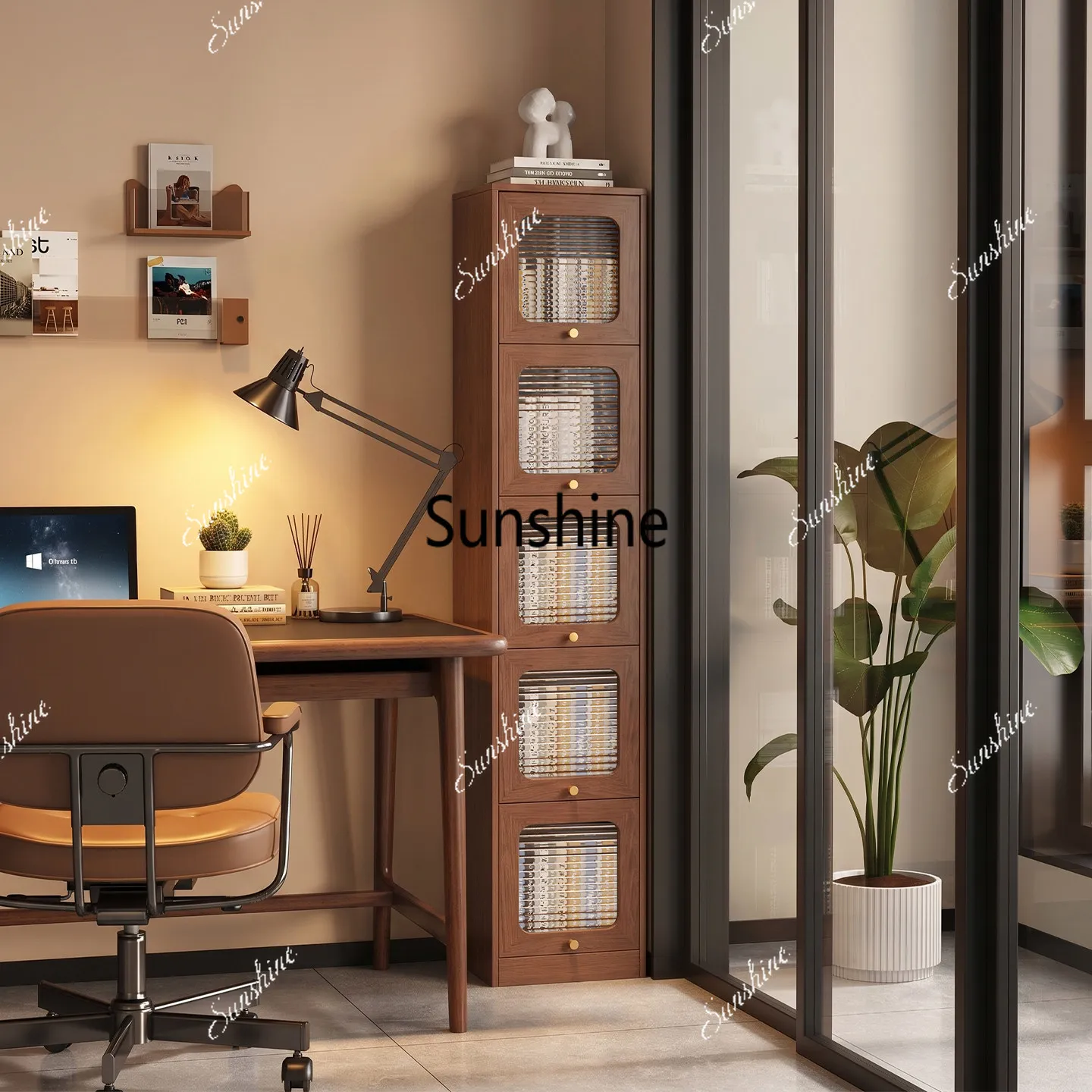 All solid wood bookshelves, floor-to-ceiling shelves, integrated with narrow slits against the wall, storage lockers