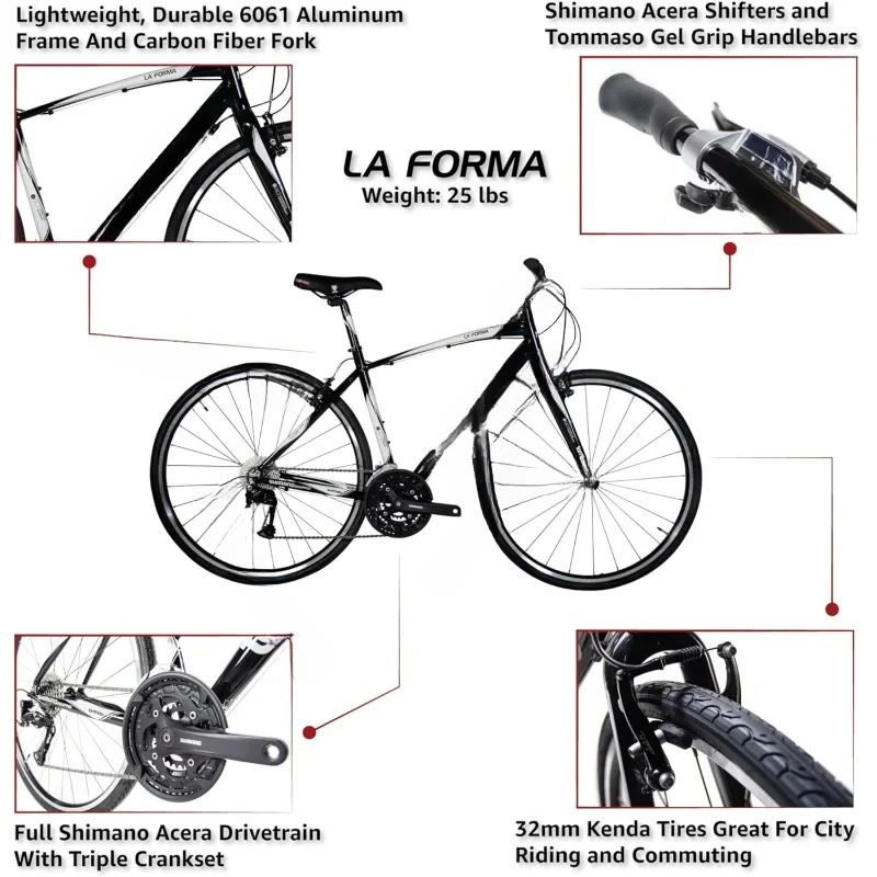 AQTommaso The Shape Lightweight Comfortable Hybrid Bikes,Fitness Commuter Bike,Black,White