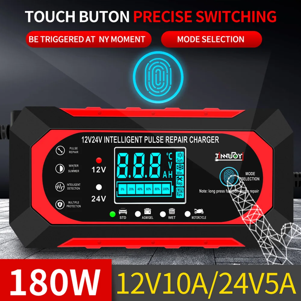 Carro e motocicleta carregador de bateria, dispositivo carregamento, chumbo ácido reparo do pulso, Smart Digital LCD Display