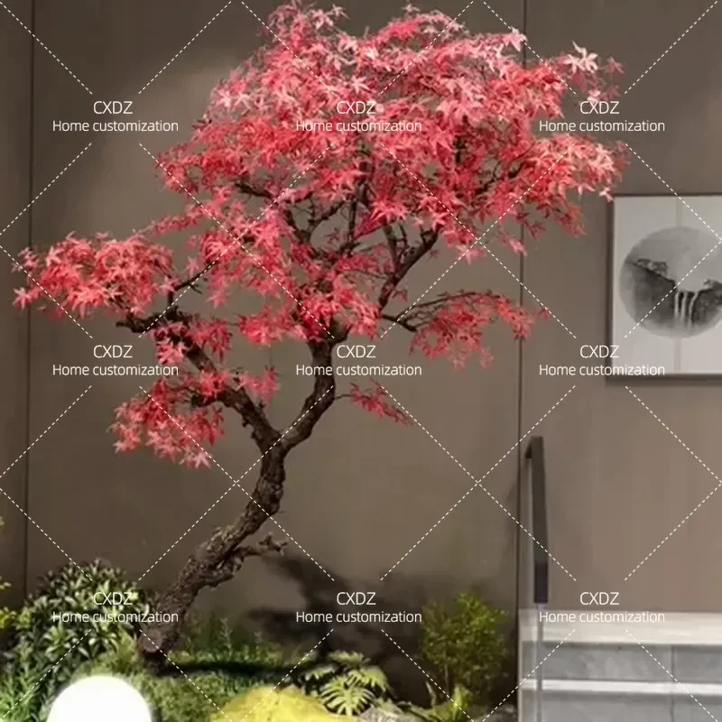 Artificial Red Maple Tree with Spring Flowers Faux Green Plant Indoor Landscaping Decoration for Hotel Restaurant Staircase