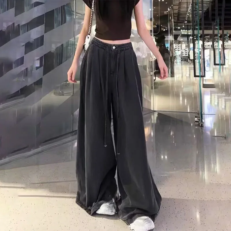 جديد إمرأة امتدت الخصر لينة الجينز الربيع الصيف رقيقة تصميم مع ثنى جيد واسعة الساق السراويل الإناث عارضة سراويل جينز 4XL