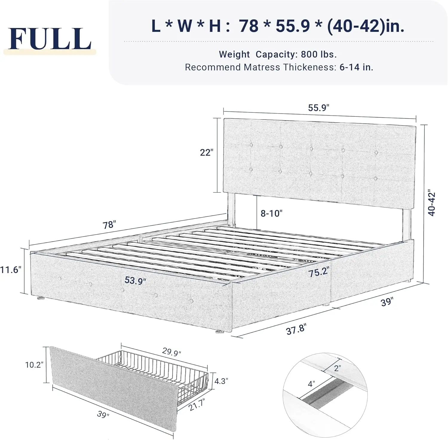 Allewie solutions.com-Cadre de lit à plateforme pleine grandeur, matelas avec 4 égouts de proximité de stockage et planche de sauna, bouton cousu carré touffeté