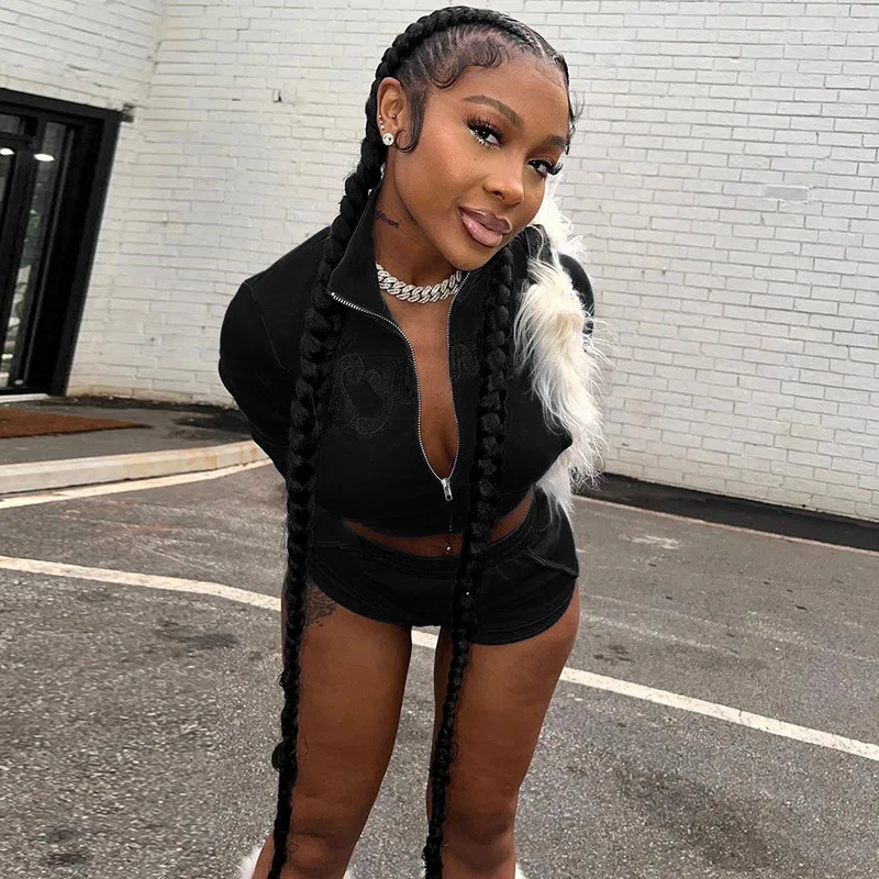 Cargo Pant Biker Shorts Two Piece Set Women Winter Outfit Streetwear Y2K Clothes Zip Up Cropped Jacket 2 Pieces Sets Tracksuit