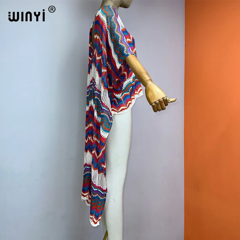 WINYI summer Africa Women coat irregolare elegante Boho maxi beach Swimming Cover Up Hollow sexy cappotto con stampa a righe lavorate a maglia