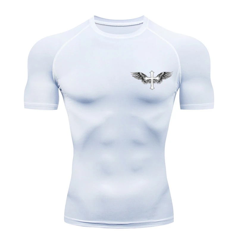 Cross Wings Print Compression Shirt for Men Christian Athletic Tshirt Sporty Tees Tops Gym Workout Running Baselayers Undershirt