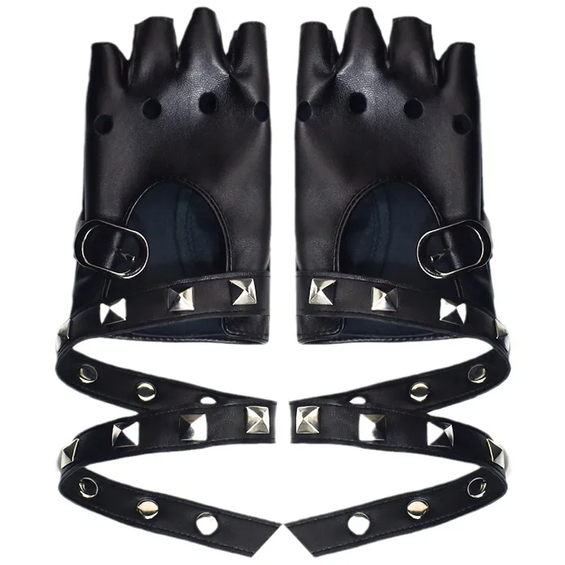 펑크 스타일 리벳 스터드 하프 핑거 장갑 여성용 PULeather Performance 장갑 댄스 오토바이 라이딩 장갑 패션