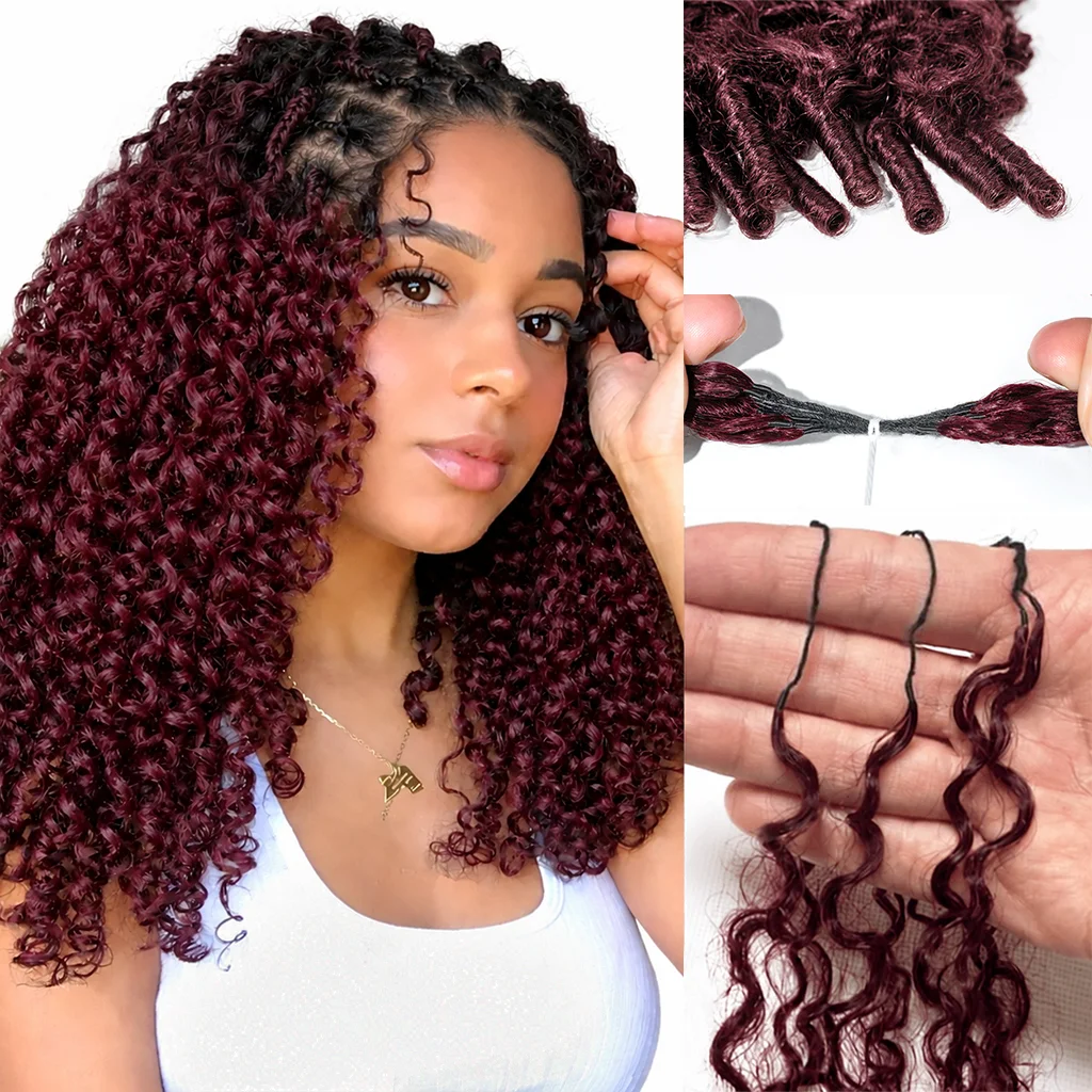 Extensions de cheveux humains 99J Bourgogne, bouclées birmanes, à crocheter, avec nœuds miracle pré-séparés, sans nœuds