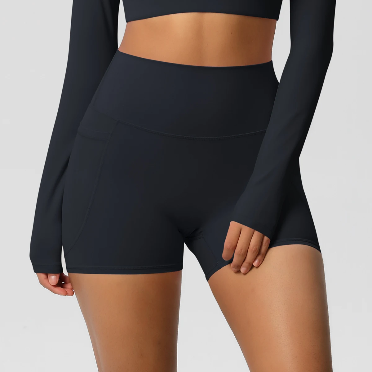 Einfarbige Yogahose mit Taschen, schnell trocknend, hohe Taille, für Fitnessstudio, Push-Up-Yoga-Shorts für Damen, atmungsaktiv, Workout, Fitness, kurz – Detail 11
