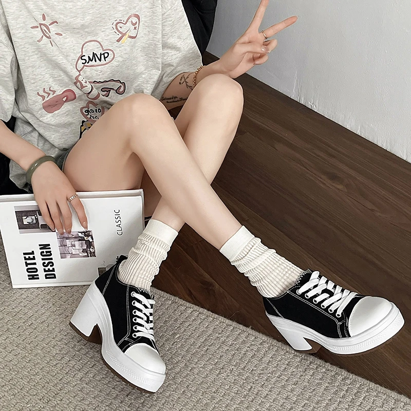 NewHotSelling FashionWomen High Heels Canvas Shoes Chunky Sneakers Platform Lace Up Autumn Dress ShoesDesigner New Walking Pumps