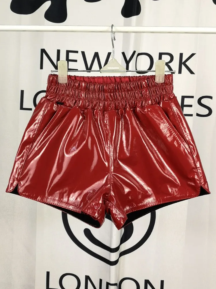 Autumn Red Real Patent Leather Wide Leg Shorts Casual Streetwear Women Comfortable Elastic Waist Genuine Leather Flare Short 4XL
