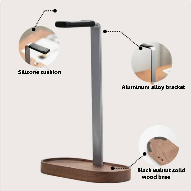 범용 헤드폰 스탠드 호두나무 및 알루미늄 합금 게이밍 헤드셋 브래킷, 미끄럼 방지 데스크탑 디스플레이 선반, PC 게이머 액세서리