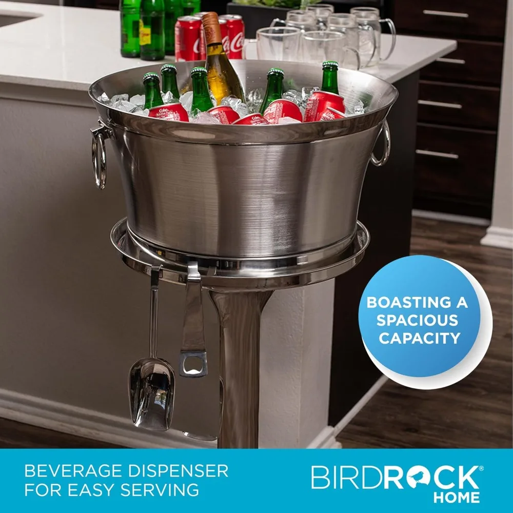 

Metal Beverage Tub w/Stand, Scoop & Bottle Opener - Stainless Steel Double Wall Ice Cooler - Large Drinks