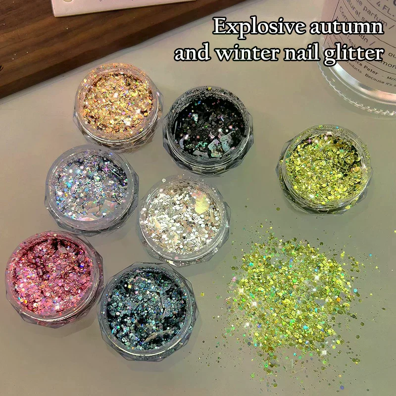 1 Box Holographic Pure Shiny Glitter Flakes Sparkly Chunky Iridescent Gold Silver Metallic Mermaid Nail Art Powder Sequins