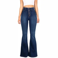 Jeans feminino de cintura alta com fundo de sino, calças jeans, slim fit, peito único, quadril de pacote, streetwear