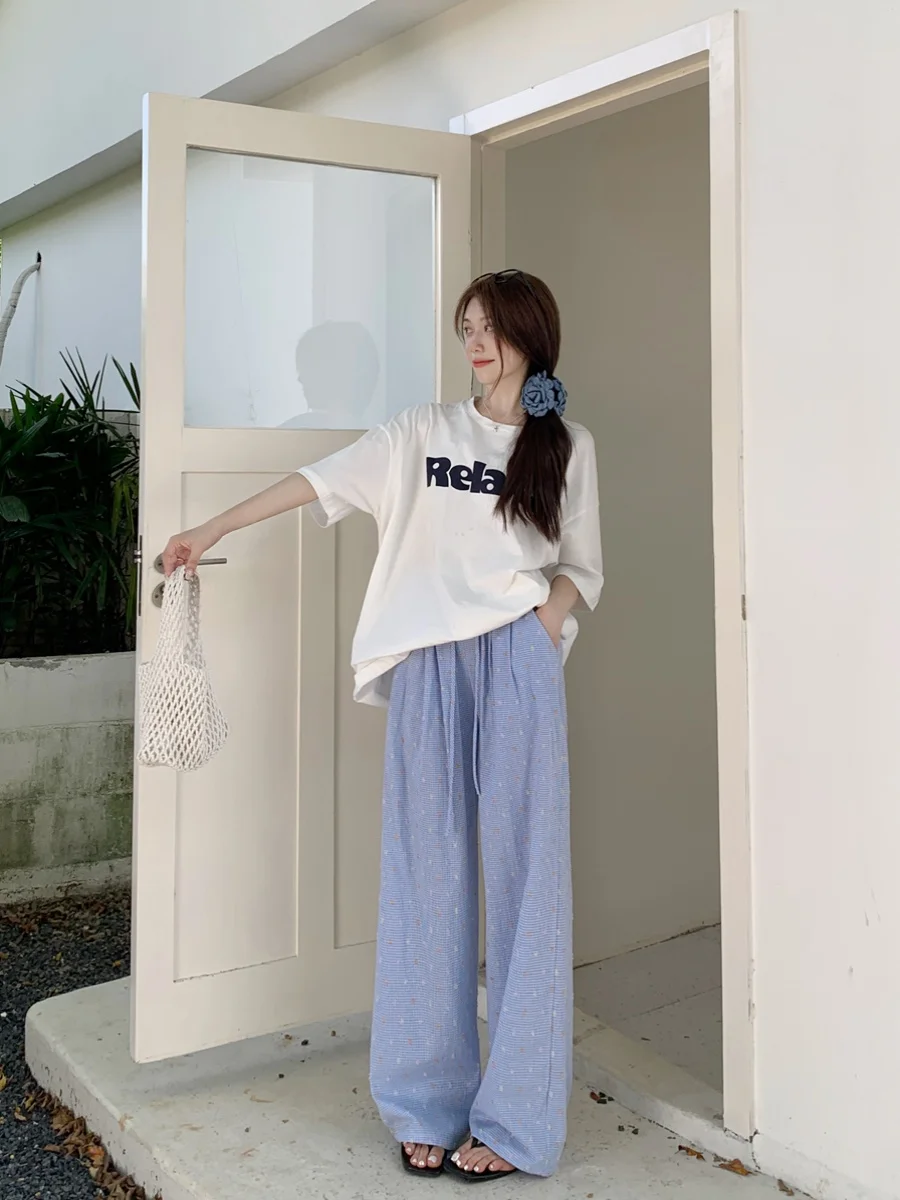 하이웨이스트 스트레이트 레그 편안한 캐주얼 팬츠 플러스 사이즈 여성용 루즈 슬리밍 여름 바지 한국 스타일 출퇴근 패션