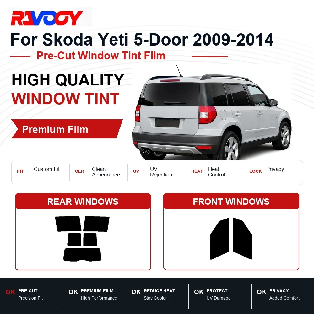 Image of Premium vorgeschnittene Fensterfolie für Skoda Yeti 5-Türer 2009-2014, Vorder- und Heckscheiben, UV-Schutz, Wärmeabweisung, Sichtschutzfolie
