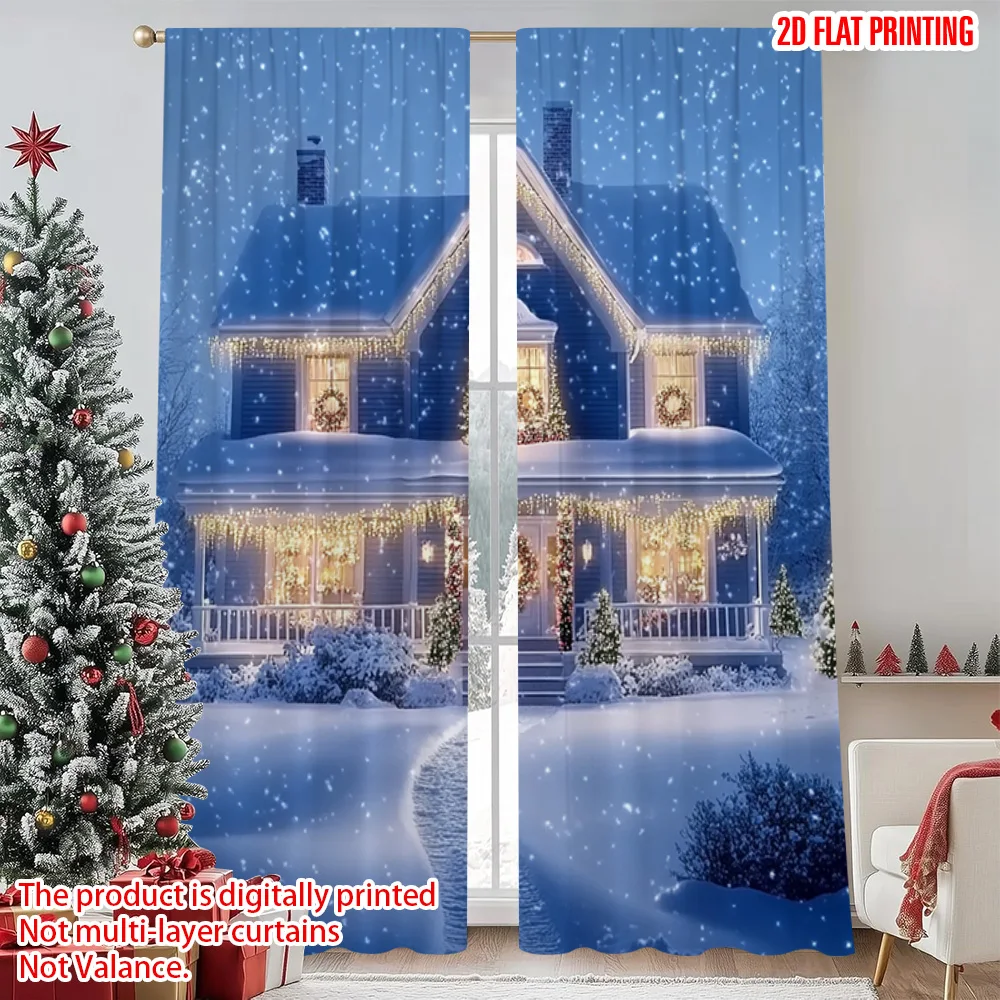 

2pcs 2D flat printing Christmas Drapes Enchanting Christmas House Durable Polyester Without Electricity Versatile for Photo