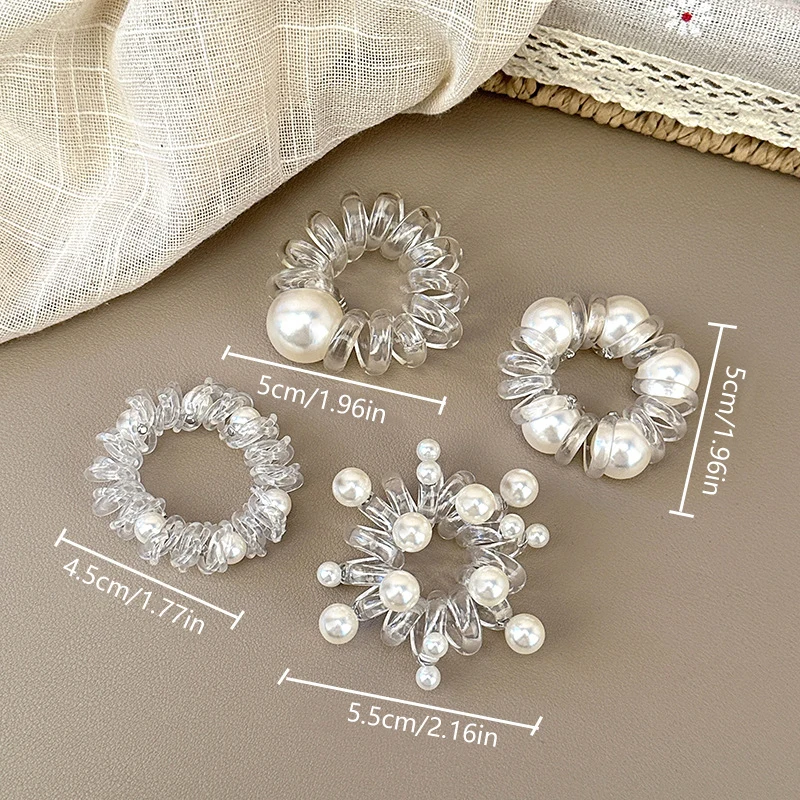 Transparent Pearl Phone Cord Hair Tie Women High Elastic Hair Rope Thicken Beaded Rubber Band High Ponytail Hair Band