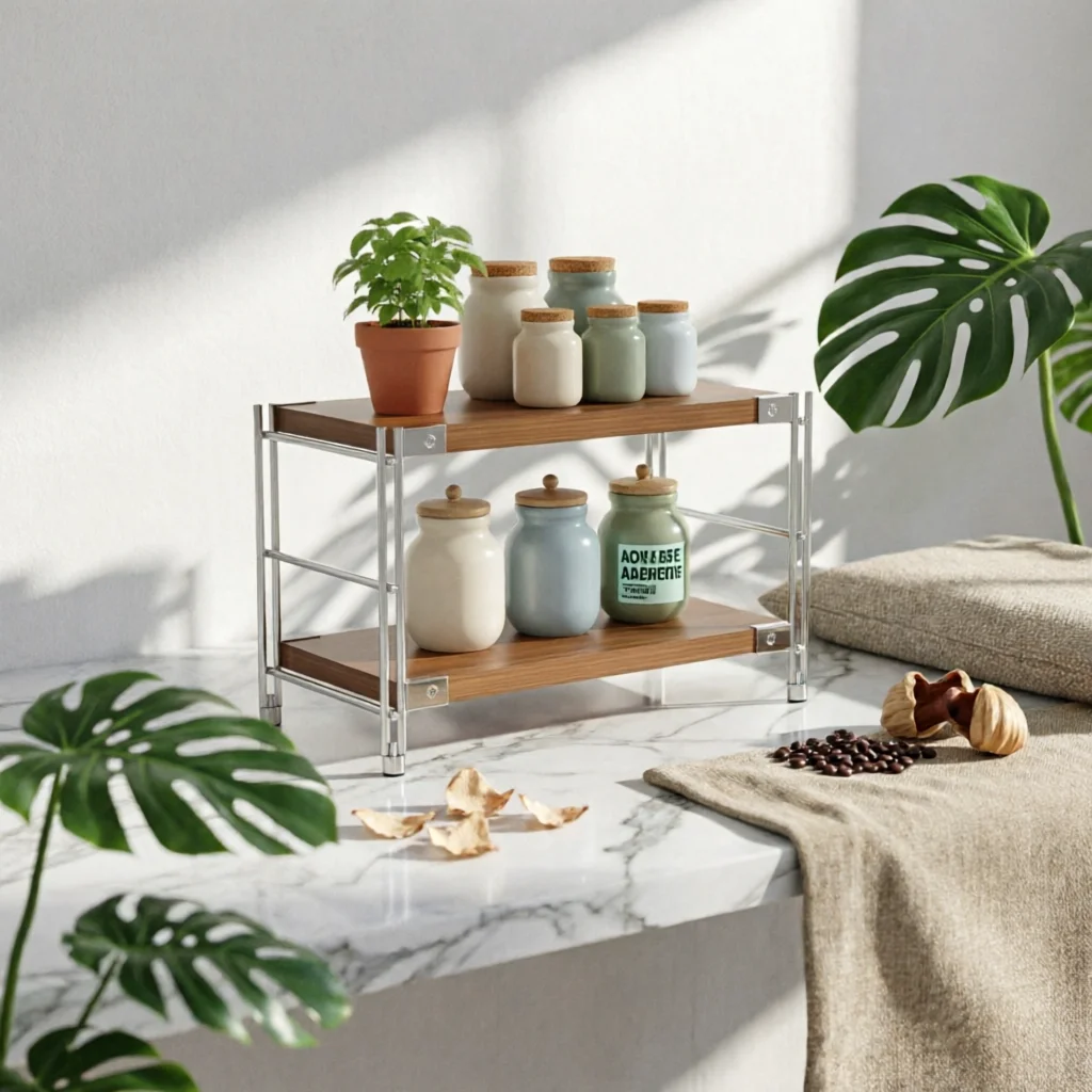 Narrow Floor Standing Shelf X-Shaped Brace Brace Freestanding Metal and Wood Shelf Utilitarian Design Display Rack Adjustable