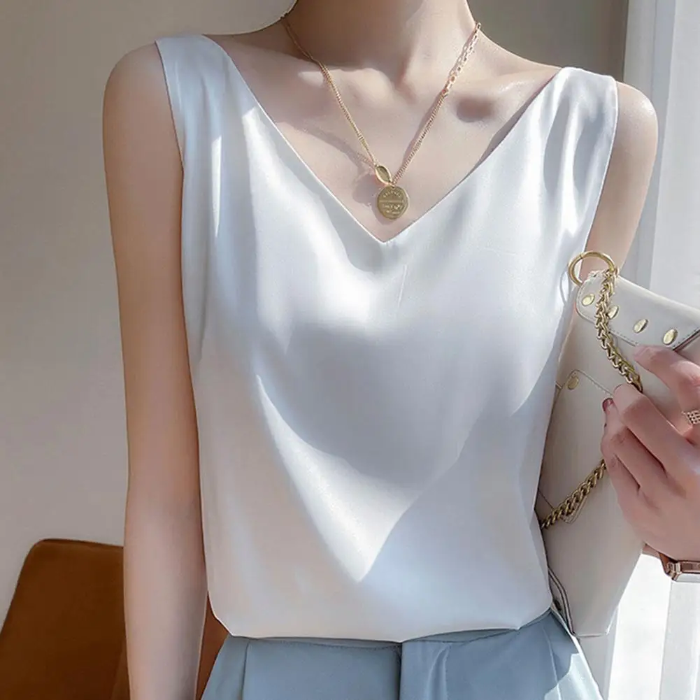 Silk Satin Women Office Lady Double Shoulder Camisole Tank V-neck Sleeveless Top T-shirt Elegant Crop Top Solid Casual Basic New