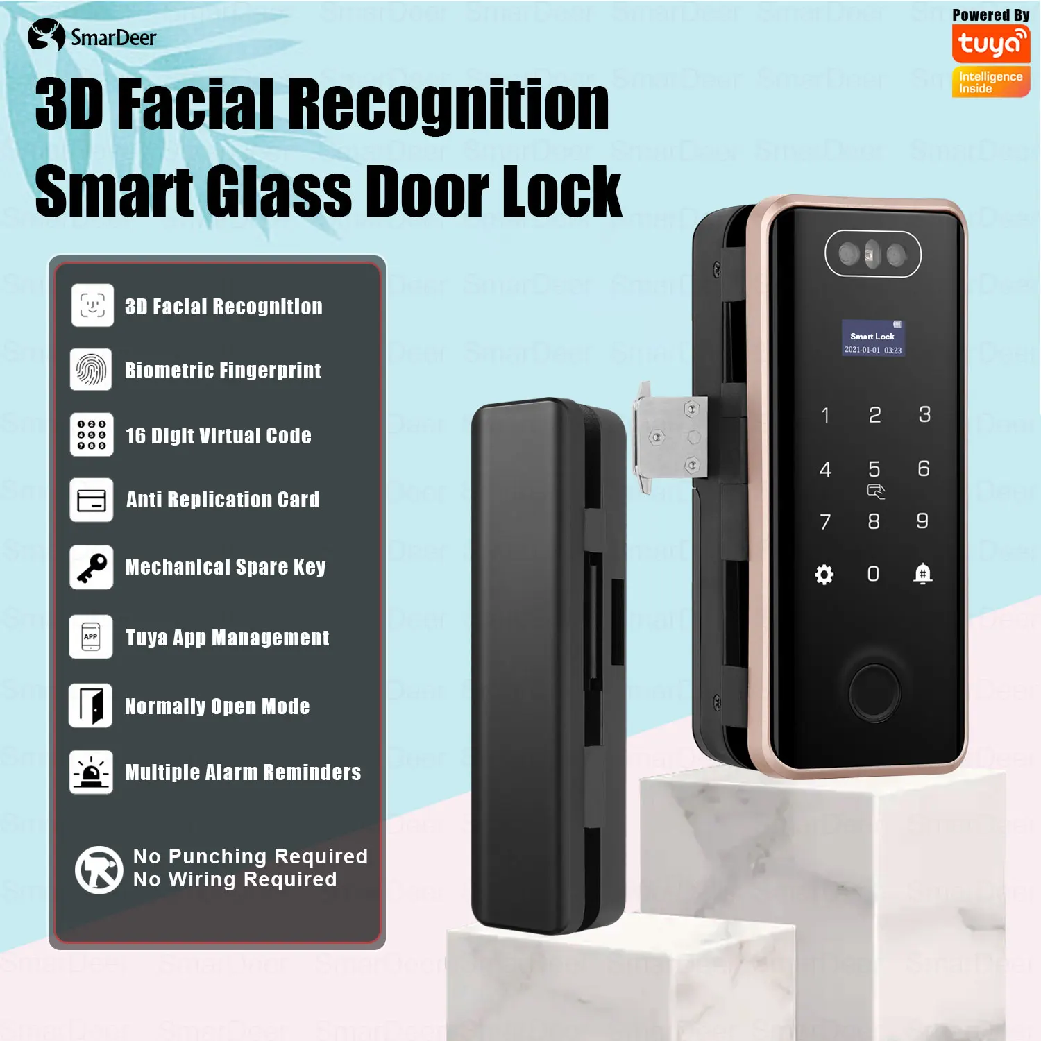 SmarDeer 3D Facial Recognition Intelligent Lock for Tuya Fingerprint Lock with Sliding Glass Door Wifi Electronic Door Lock