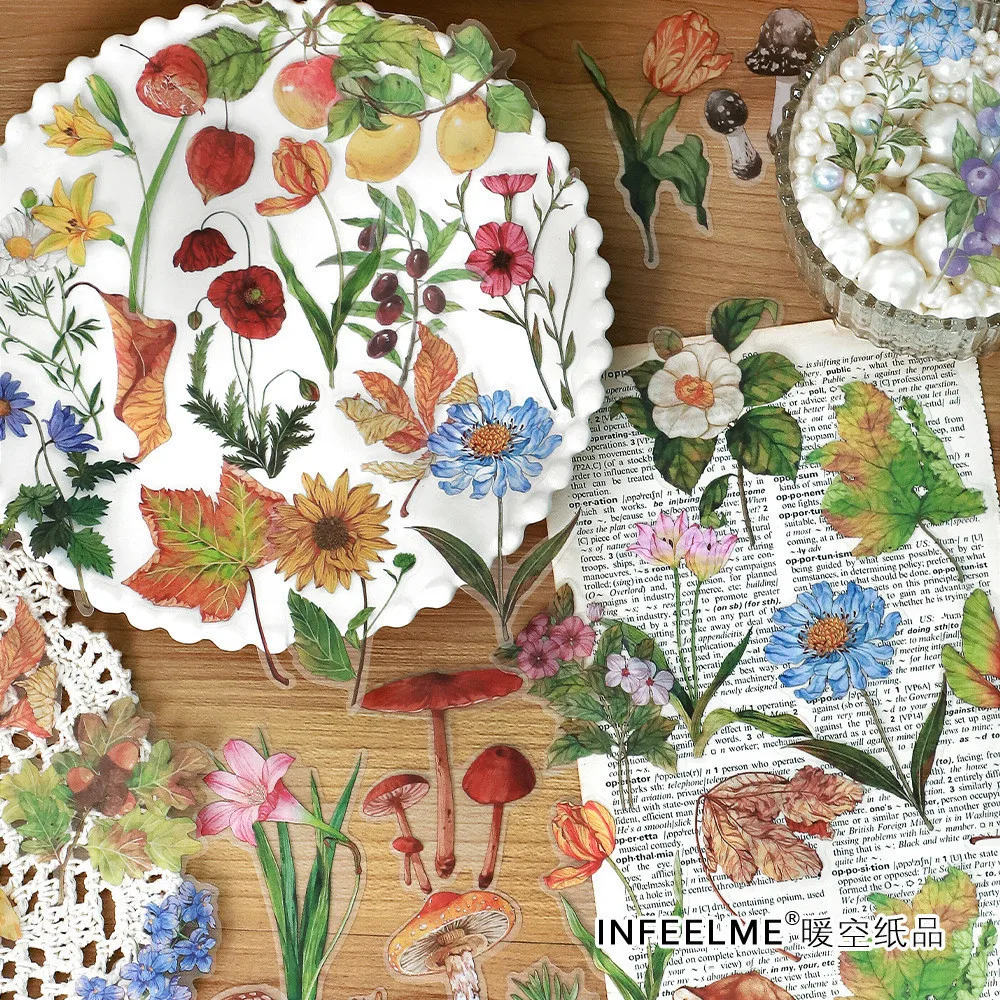 20 Pcs/pack Nature Plant Journaling Stickers Waterproof Transparent Mushroom Flower Vintage Scrapbooking Sticker for DIY Crafts