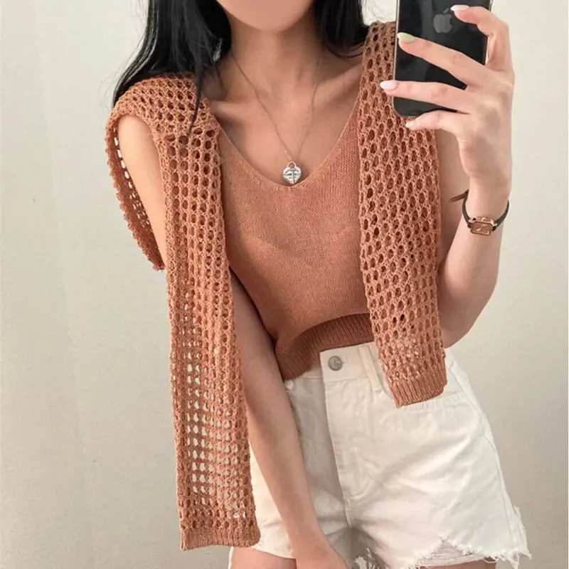 Crochet Top Open Knit Long Sleeve Crop Top with Matching Tank Korean Fashion Teengirl Y2k Spring Summer Outfit