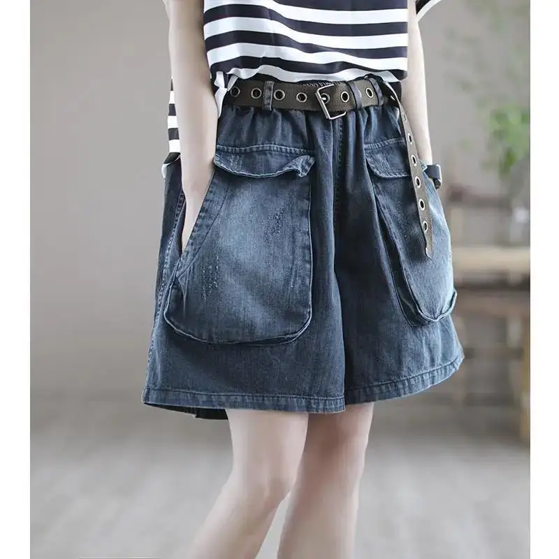 Women\'s Elastic Waist Sashes Solid Denim Shorts Summer New Korean Casual Fashion All-match Loose Pockets Wide Leg Trouser Skirts