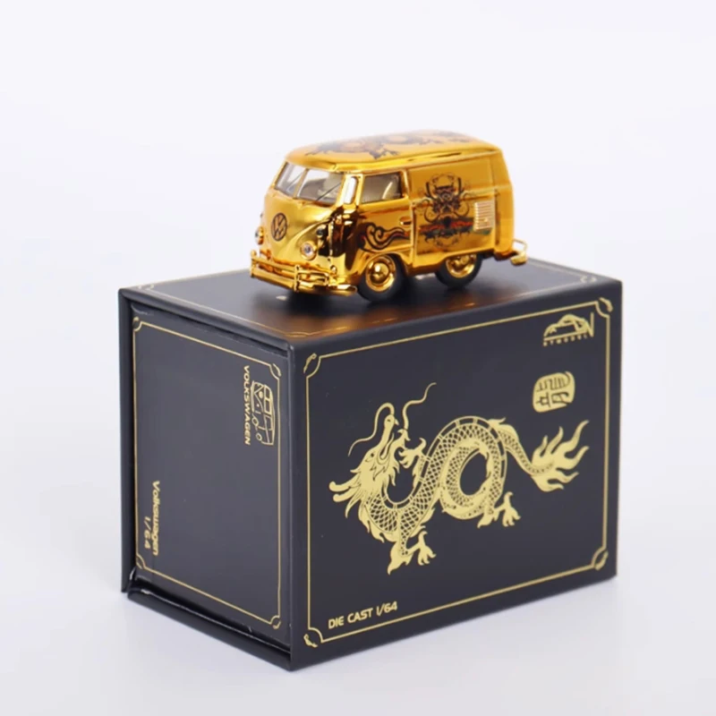 Diecast 1:64 Scale 2024 VWT1 Freight Van Gold Year of the Loong Painting Alloy Model  Simulation Collection Car Gift Toys