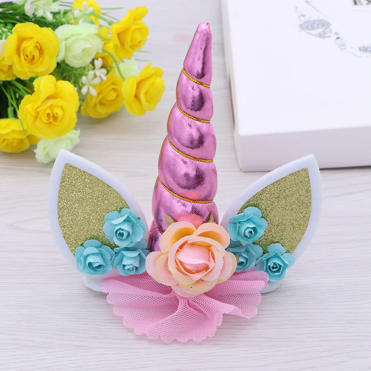 

Unicorn Cake Toppers Picks Birthday Party Decorations Premium Material Silk Flower Unicorn Shape Cake Decorations