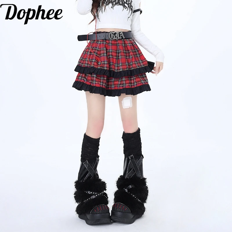 Dophee Original Black Red Plaid Preppy Style Women Pleated Skirts High Waist Spice Girls Y2k Subculture Short A-line Mini Skirt