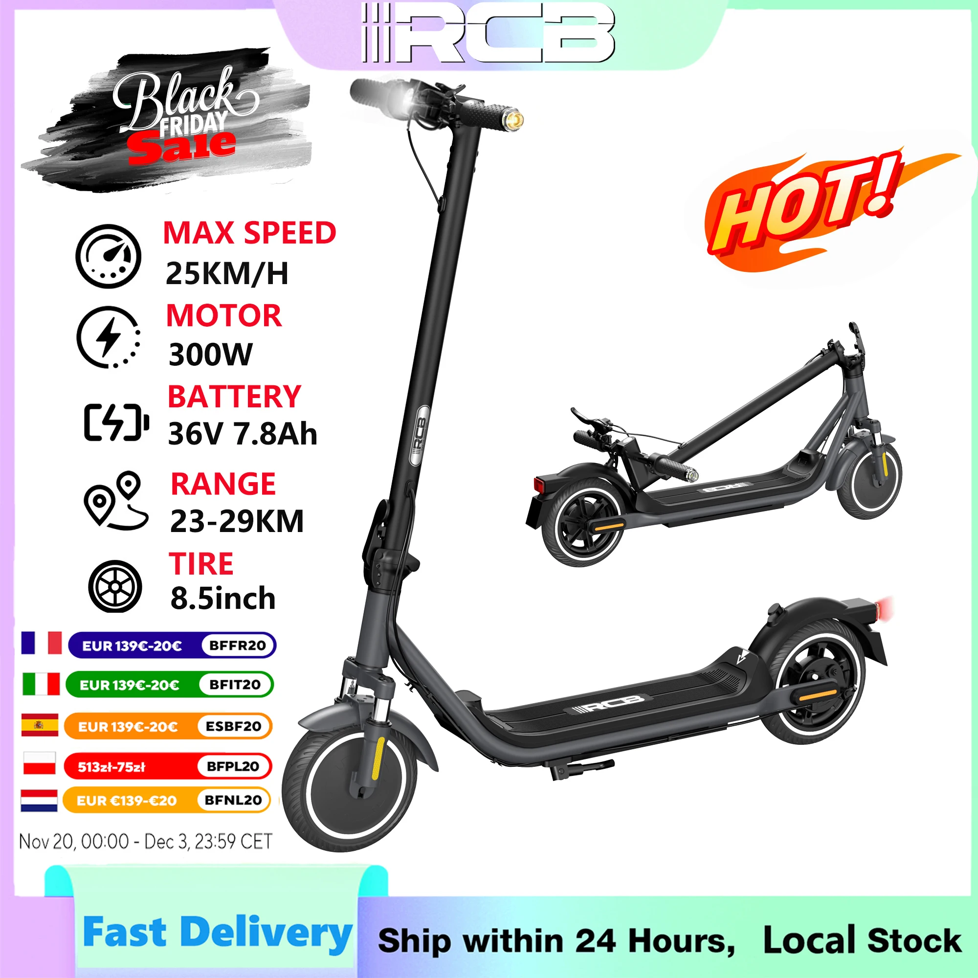 Patinete eléctrico RCB R16, motor de 300 W, patinete eléctrico de 8,5 pulgadas, 25 km/h, patinete eléctrico plegable con una autonomía de 23 a 29 km, patinete eléctrico con 3 modos para adolescentes y adultos.