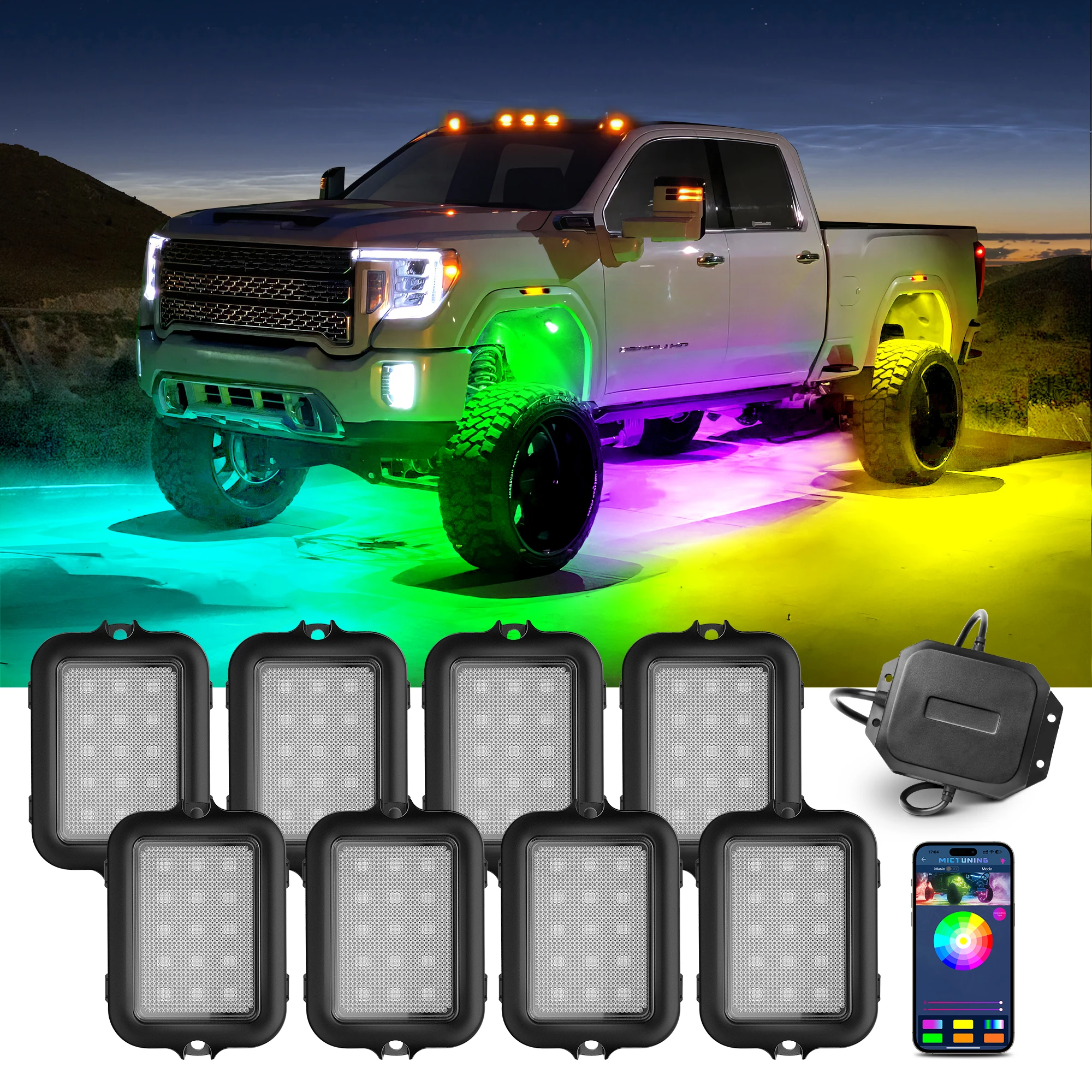 

MICTUNING Y1 RGB+IC LED Rock Lights Chasing Multicolors,Underbody Neon Underglow Lighting Kit with Wireless APP Control