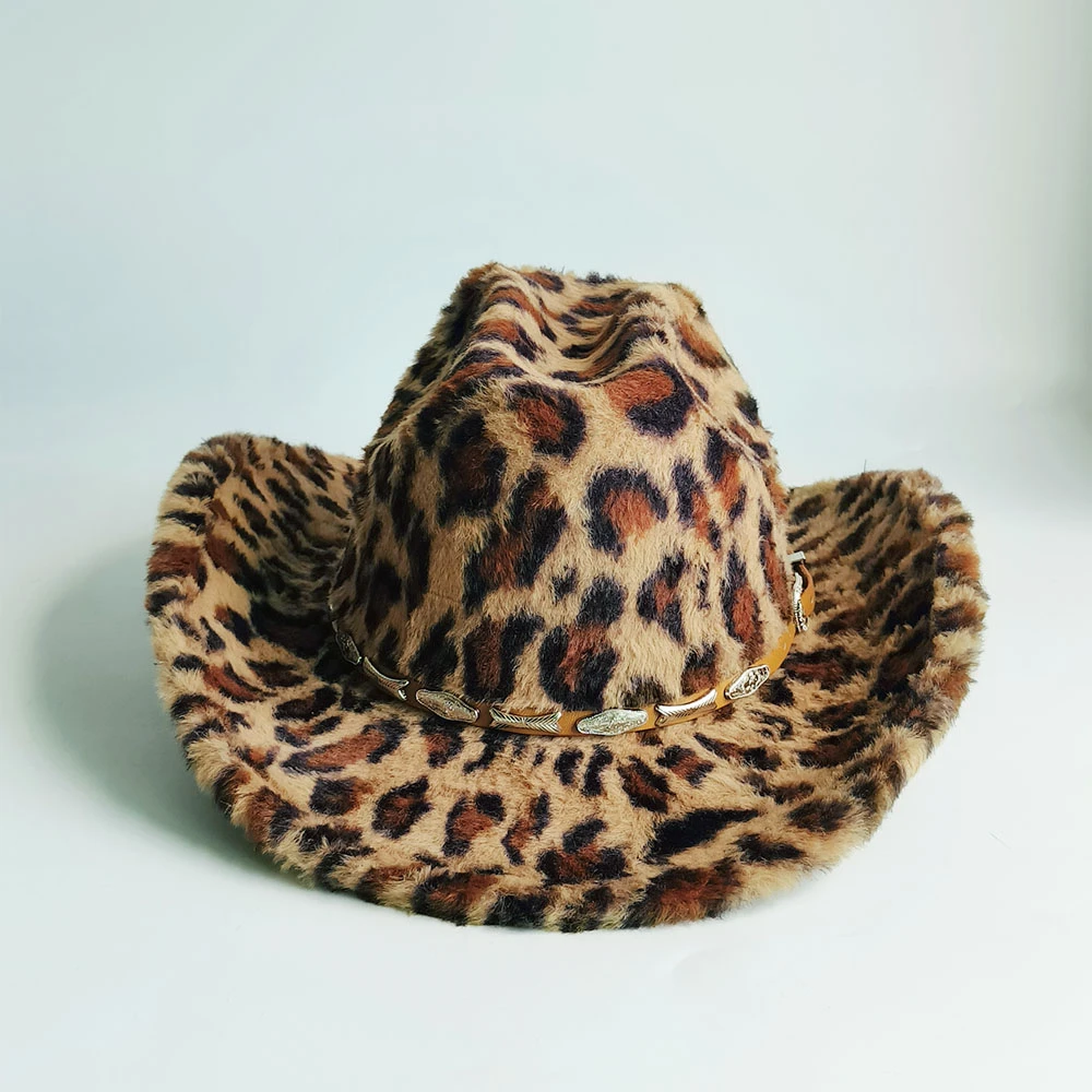 Faux Fur Leopard print Cowboy Hat for Men women wide brim cow winter warm cowboy hat winter Sombrero Hombre sombrero vaquero