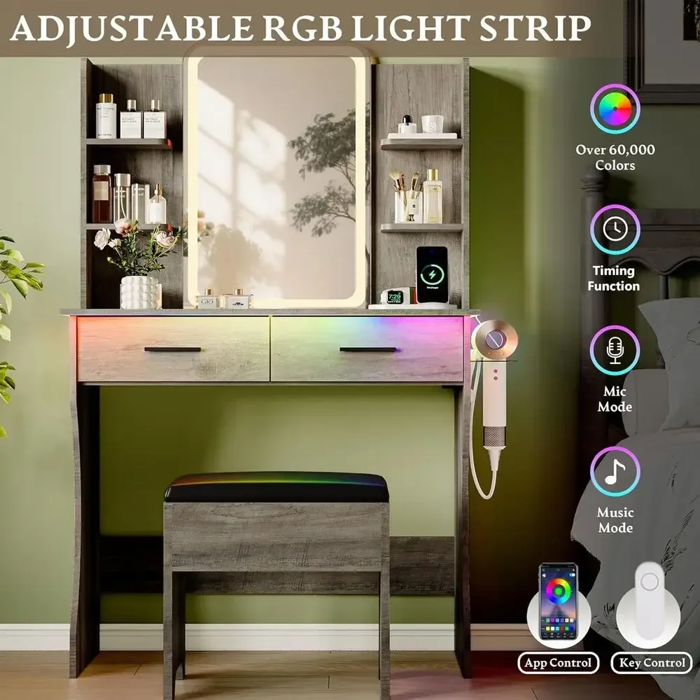 RGB lighting features on Nordic grey vanity desk
