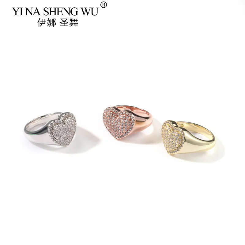 Copper Inlaid AAA Zircon Heart-shaped Ring European and American Personality Diamond Ring Hip-hop Style Unisex Couple Ring