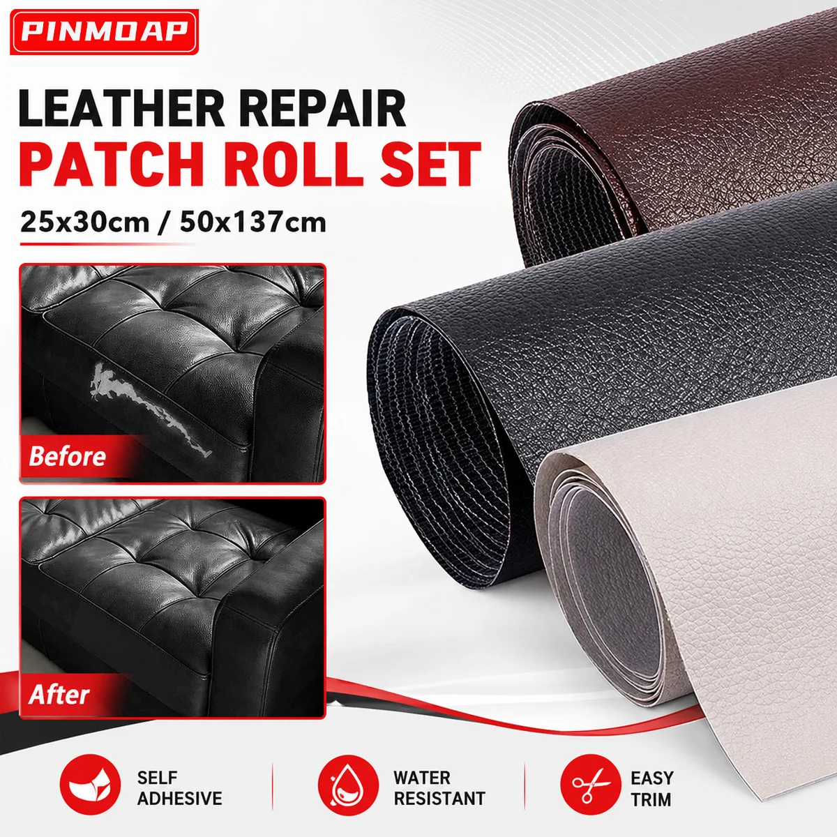 PINMOAP Self Adhesive Leather Repair Patch Tape Brown Vinyl Upholstery Repair Kit for Sofa Car Seat Furniture Bag 25x30/50x137cm