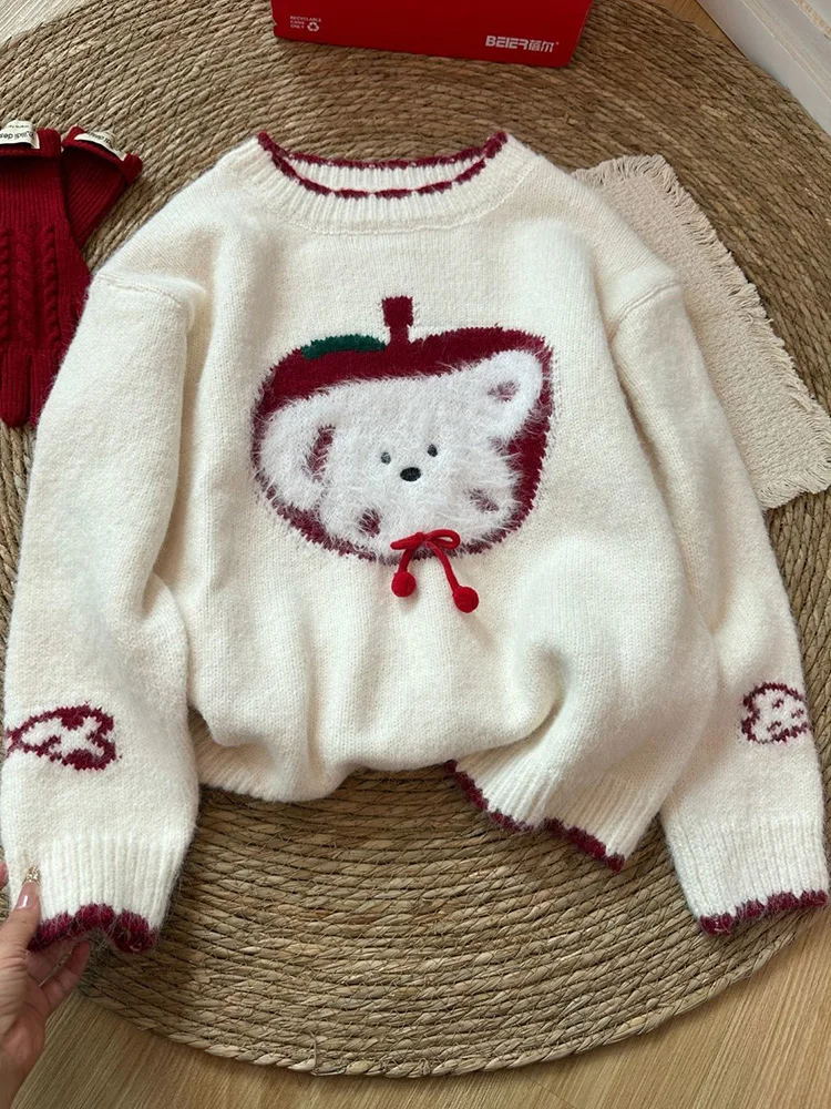 

Милый свитер с героями мультфильмов в консервативном стиле, женский винтажный милый вязаный джемпер с длинными рукавами, повседневные корейские женские осенне-зимние топы с ленивым ветром