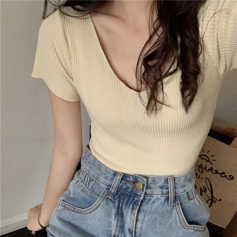 Summer Women Knitted T-Shirts Short Sleeve Shirts Pullover Tops Female Elastic Slim Casual Knit Tee Crop Tops Women\'s T-Shirts