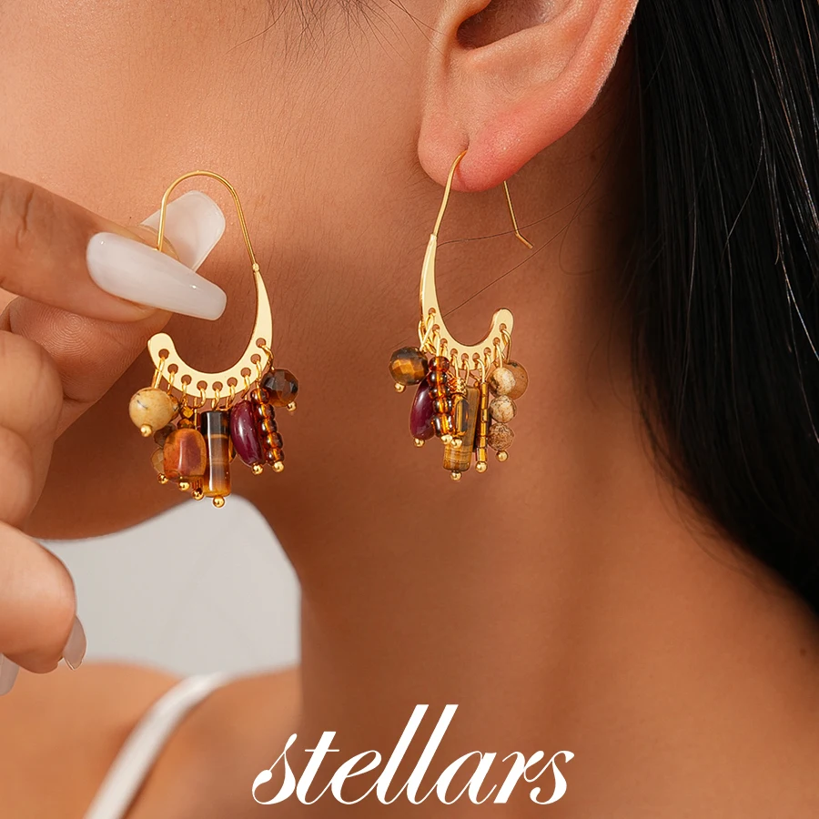 

Electroplated Stone Beaded Tassel Hook Earrings Bohemian Ethnic Style Niche High-End Fashionable Women Earrings