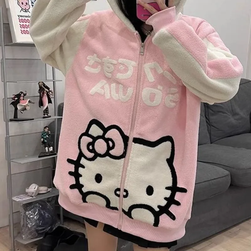 New Sanrio Hello Kitty Hoodie Zip Up Kawaii Sweater Woman Winter Sweatshirt Top Loose Long Sleeve Thickened Oversize Y2k Clothes