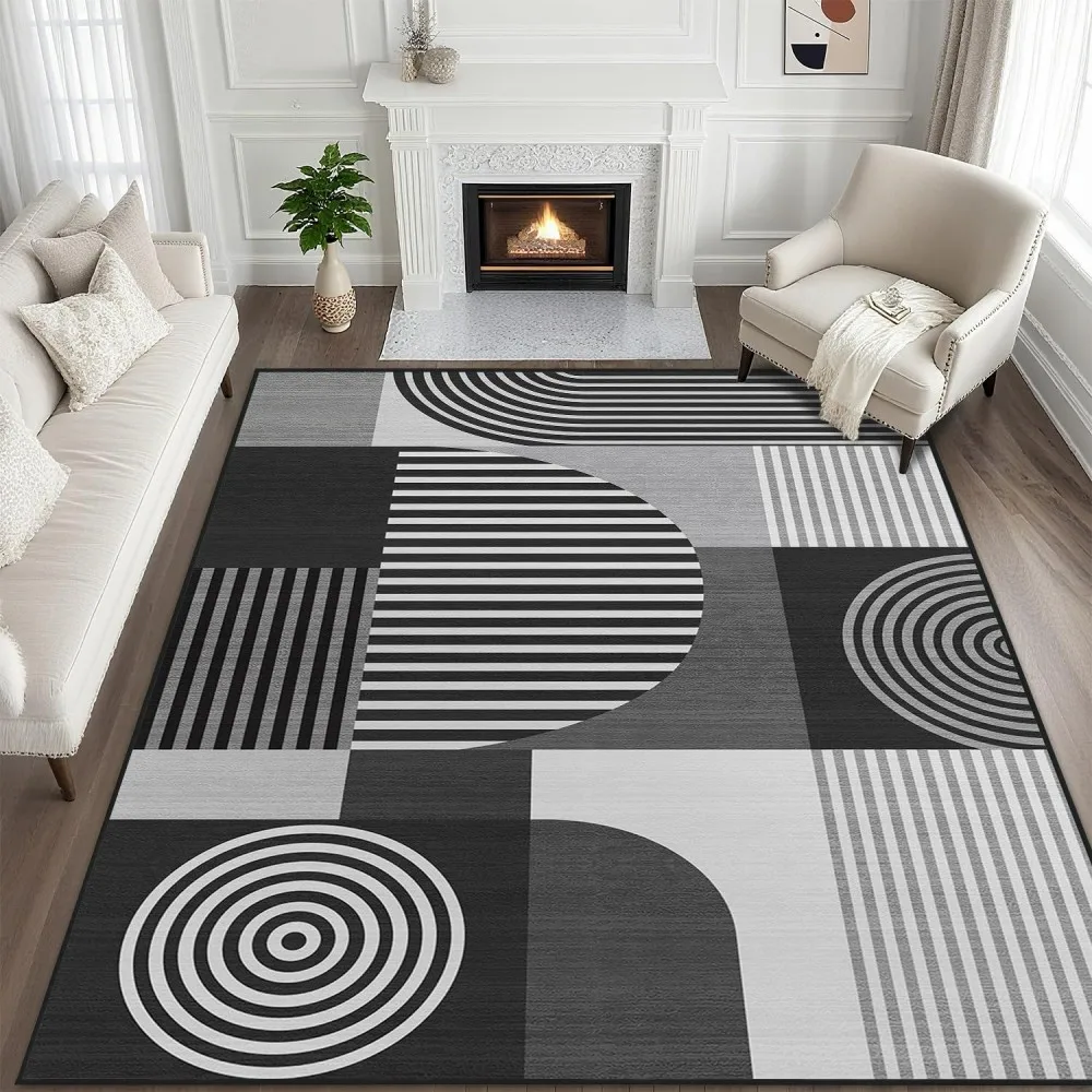 Monochrome Striped Living Room Bedroom large Rug Concentric Circle Carpet Linear Geometry Floor Mat Abstract Arch Doormat