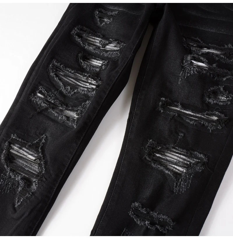 Herren Plissierte Patchwork-Biker-Jeans Streetwear Skinny Tapered Stretch-Denim-Hose Zerrissene Patchwork-Schwarze Hose – Detail 9