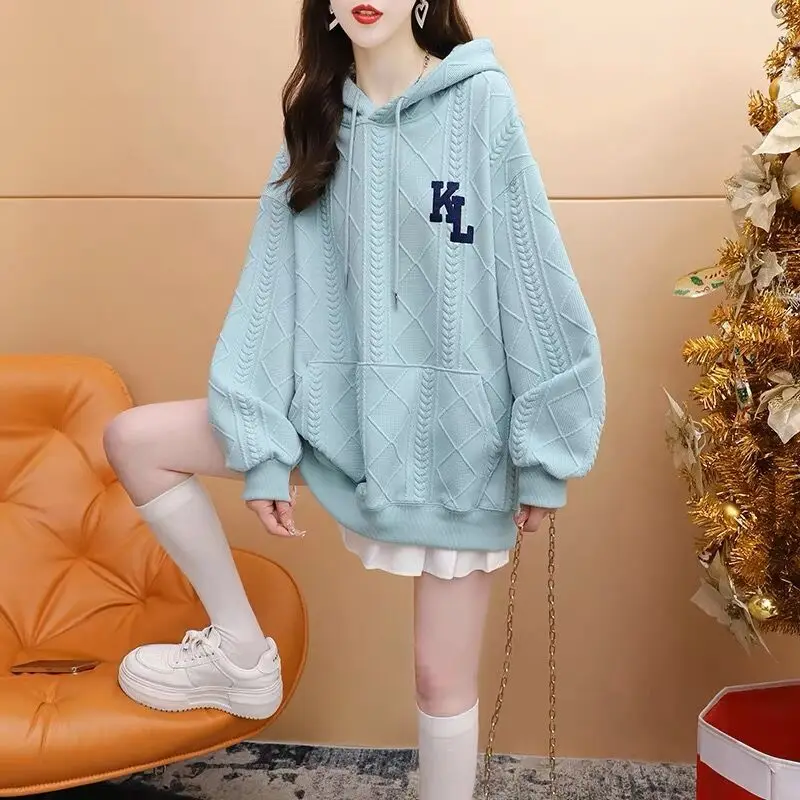 Women\'s Solid Hooded Drawstring Spring and Autumn Hoodies Plus Size Loose Korean Long Sleeve Printed Letter Pullover Casual Tops