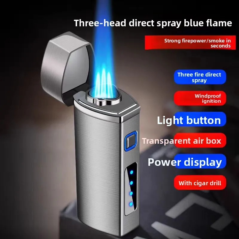 

Необычный металлический три фонарика с USB ветрозащитной кухонной зажигалкой для сигар Turbo для барбекю, пригодный для вторичной переработки, элитный подарок